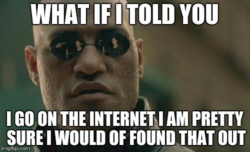 Matrix Morpheus Meme | WHAT IF I TOLD YOU I GO ON THE INTERNET I AM PRETTY SURE I WOULD OF FOUND THAT OUT | image tagged in memes,matrix morpheus | made w/ Imgflip meme maker