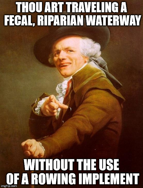 Joseph Ducreux | THOU ART TRAVELING A FECAL, RIPARIAN WATERWAY WITHOUT THE USE OF A ROWING IMPLEMENT | image tagged in memes,joseph ducreux | made w/ Imgflip meme maker