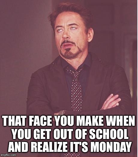 Face You Make Robert Downey Jr | THAT FACE YOU MAKE WHEN YOU GET OUT OF SCHOOL AND REALIZE IT'S MONDAY | image tagged in memes,face you make robert downey jr | made w/ Imgflip meme maker