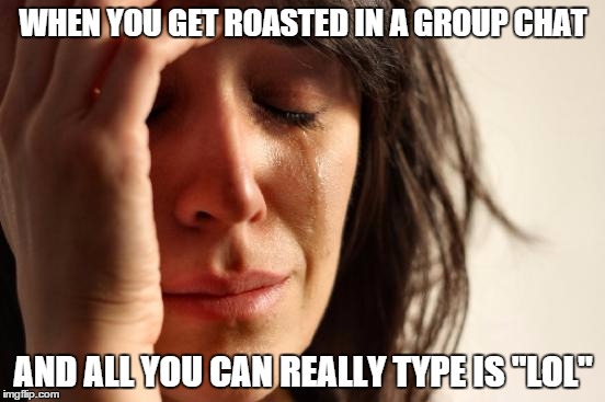 First World Problems | WHEN YOU GET ROASTED IN A GROUP CHAT AND ALL YOU CAN REALLY TYPE IS "LOL" | image tagged in memes,first world problems | made w/ Imgflip meme maker