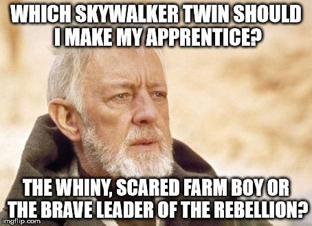 That's a tough call. | WHICH SKYWALKER TWIN SHOULD I MAKE MY APPRENTICE? THE WHINY, SCARED FARM BOY OR THE BRAVE LEADER OF THE REBELLION? | image tagged in memes,obi wan kenobi | made w/ Imgflip meme maker