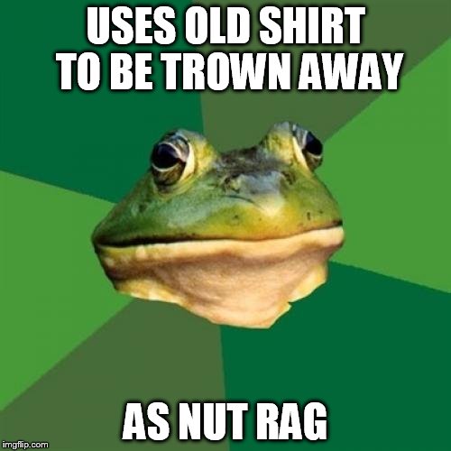 Foul Bachelor Frog Meme | USES OLD SHIRT TO BE TROWN AWAY AS NUT RAG | image tagged in memes,foul bachelor frog | made w/ Imgflip meme maker