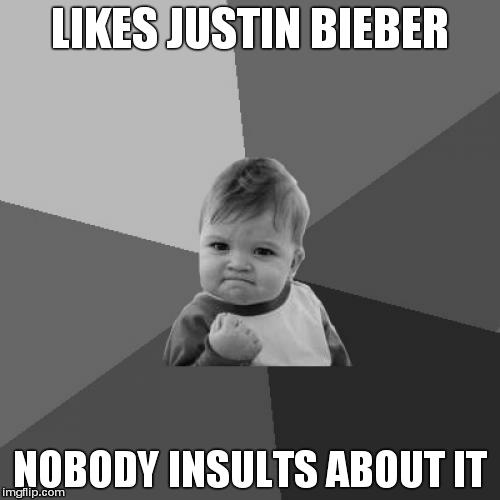 Success Kid Meme | LIKES JUSTIN BIEBER NOBODY INSULTS ABOUT IT | image tagged in memes,success kid | made w/ Imgflip meme maker