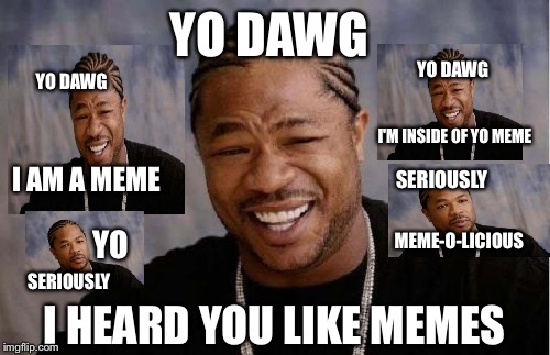 Taking it too far | YO DAWG I HEARD YOU LIKE MEMES YO DAWG I AM A MEME YO DAWG I'M INSIDE OF YO MEME SERIOUSLY MEME-O-LICIOUS SERIOUSLY YO | image tagged in memes,yo dawg heard you,xhibit,funny meme,funny,meme on meme | made w/ Imgflip meme maker