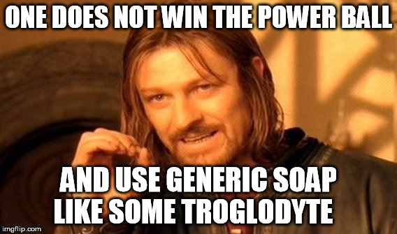One Does Not Simply Meme | ONE DOES NOT WIN THE POWER BALL AND USE GENERIC SOAP LIKE SOME TROGLODYTE | image tagged in memes,one does not simply | made w/ Imgflip meme maker