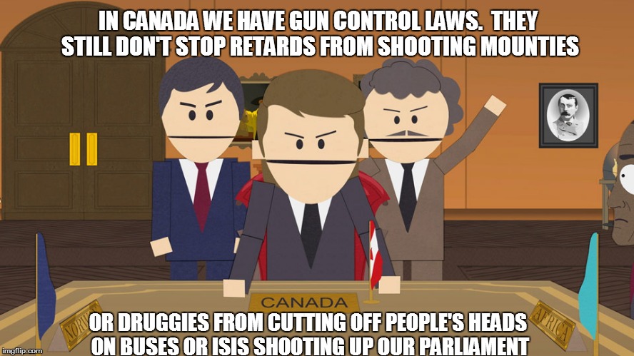 IN CANADA WE HAVE GUN CONTROL LAWS.  THEY STILL DON'T STOP RETARDS FROM SHOOTING MOUNTIES OR DRUGGIES FROM CUTTING OFF PEOPLE'S HEADS ON BUS | made w/ Imgflip meme maker