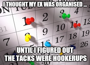 I THOUGHT MY EX WAS ORGANISED ... UNTIL I FIGURED OUT THE TACKS WERE HOOKERUPS | image tagged in ex girlfriend | made w/ Imgflip meme maker