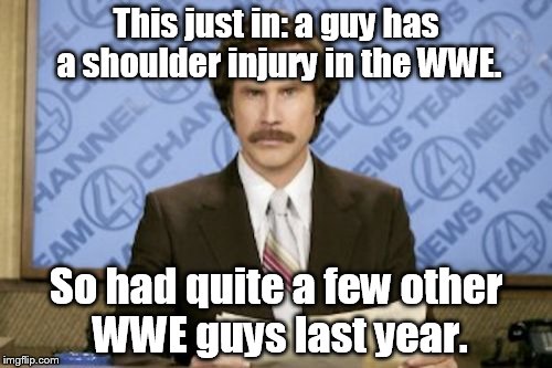 Get Well Soon, John! | This just in: a guy has a shoulder injury in the WWE. So had quite a few other WWE guys last year. | image tagged in memes,ron burgundy,john cena,wwe,injuries | made w/ Imgflip meme maker