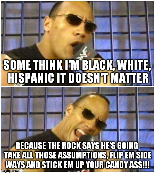 The Rock It Doesn't Matter Meme | SOME THINK I'M BLACK, WHITE, HISPANIC IT DOESN'T MATTER; BECAUSE THE ROCK SAYS HE'S GOING TAKE ALL THOSE ASSUMPTIONS, FLIP EM SIDE WAYS AND STICK EM UP YOUR CANDY ASS!!! | image tagged in memes,the rock it doesnt matter | made w/ Imgflip meme maker