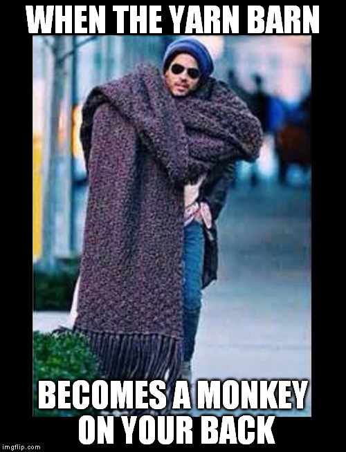Granny Kravitz | WHEN THE YARN BARN; BECOMES A MONKEY ON YOUR BACK | image tagged in you should see my mittens,may i take your wrap sir | made w/ Imgflip meme maker