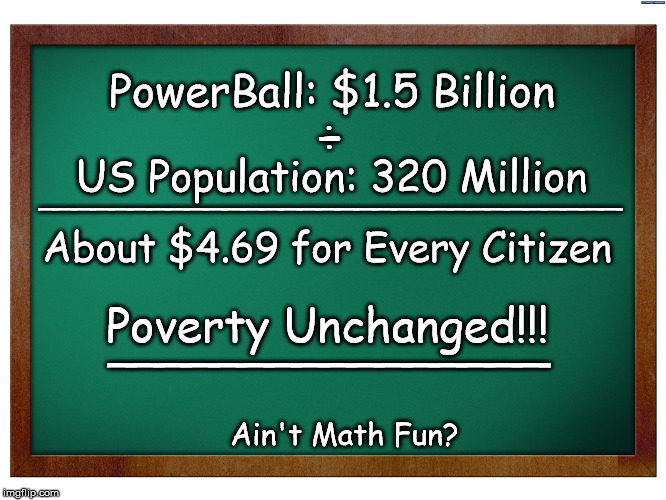 PowerBall Math | PowerBall: $1.5 Billion; ÷; US Population: 320 Million; _______________________________; About $4.69 for Every Citizen; Poverty Unchanged!!! ________________; Ain't Math Fun? | image tagged in powerball,math,poverty,education | made w/ Imgflip meme maker