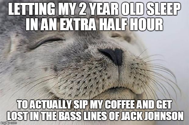 Satisfied Seal Meme | LETTING MY 2 YEAR OLD SLEEP IN AN EXTRA HALF HOUR; TO ACTUALLY SIP MY COFFEE AND GET LOST IN THE BASS LINES OF JACK JOHNSON | image tagged in memes,satisfied seal,Mommit | made w/ Imgflip meme maker