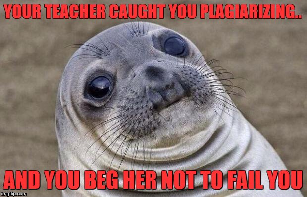 Awkward Moment Sealion | YOUR TEACHER CAUGHT YOU PLAGIARIZING.. AND YOU BEG HER NOT TO FAIL YOU | image tagged in memes,awkward moment sealion | made w/ Imgflip meme maker