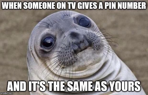 Paranoid? Me? | WHEN SOMEONE ON TV GIVES A PIN NUMBER; AND IT'S THE SAME AS YOURS | image tagged in memes,awkward moment sealion,tv | made w/ Imgflip meme maker