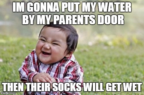 Evil Toddler | IM GONNA PUT MY WATER BY MY PARENTS DOOR; THEN THEIR SOCKS WILL GET WET | image tagged in memes,evil toddler | made w/ Imgflip meme maker