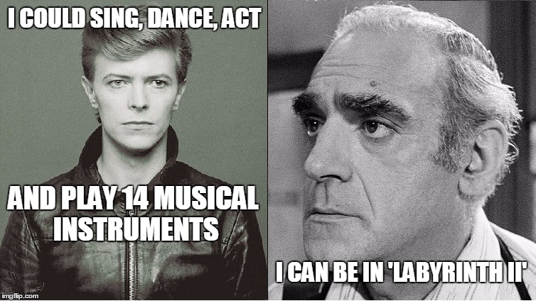 Abe Vigoda Lives | I COULD SING, DANCE, ACT; AND PLAY 14 MUSICAL INSTRUMENTS; I CAN BE IN 'LABYRINTH II' | image tagged in abe vigoda,abe vigoda lives,david bowie | made w/ Imgflip meme maker