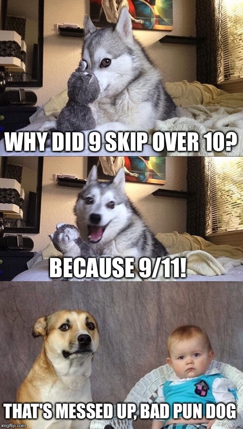 WHY DID 9 SKIP OVER 10? BECAUSE 9/11! THAT'S MESSED UP, BAD PUN DOG | image tagged in bad pun dog,dad joke dog,9/11,never forget,wrong template,numbers | made w/ Imgflip meme maker