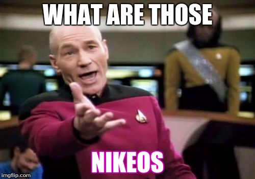 Picard Wtf Meme | WHAT ARE THOSE; NIKEOS | image tagged in memes,picard wtf | made w/ Imgflip meme maker