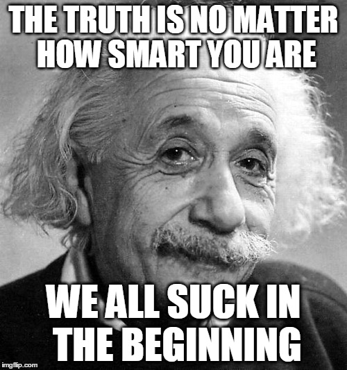 Past the beginning ... still suck. And I'm OK with that. | THE TRUTH IS NO MATTER HOW SMART YOU ARE; WE ALL SUCK IN THE BEGINNING | image tagged in einstein,memes,quotes,suck,beginning,smart | made w/ Imgflip meme maker