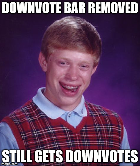 Bad Luck Brian Meme | DOWNVOTE BAR REMOVED; STILL GETS DOWNVOTES | image tagged in memes,bad luck brian | made w/ Imgflip meme maker
