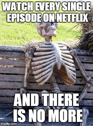 Netflix | WATCH EVERY SINGLE EPISODE ON NETFLIX; AND THERE IS NO MORE | image tagged in memes,waiting skeleton,netflix | made w/ Imgflip meme maker