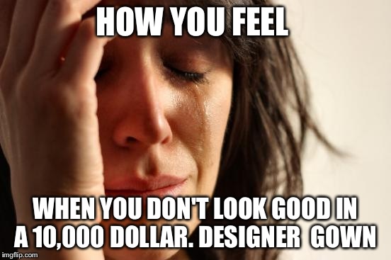 First World Problems | HOW YOU FEEL; WHEN YOU DON'T LOOK GOOD IN A 10,000 DOLLAR. DESIGNER  GOWN | image tagged in memes,first world problems | made w/ Imgflip meme maker