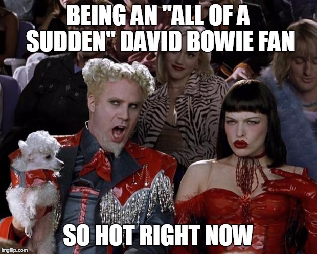 Mugatu So Hot Right Now | BEING AN "ALL OF A SUDDEN" DAVID BOWIE FAN; SO HOT RIGHT NOW | image tagged in memes,mugatu so hot right now | made w/ Imgflip meme maker