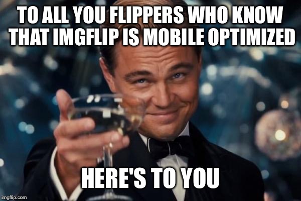 Leonardo Dicaprio Cheers | TO ALL YOU FLIPPERS WHO KNOW THAT IMGFLIP IS MOBILE OPTIMIZED; HERE'S TO YOU | image tagged in memes,leonardo dicaprio cheers | made w/ Imgflip meme maker