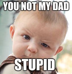Skeptical Baby | YOU NOT MY DAD; STUPID | image tagged in memes,skeptical baby | made w/ Imgflip meme maker