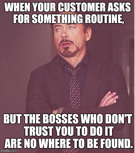 Bosses don't trust you | WHEN YOUR CUSTOMER ASKS FOR SOMETHING ROUTINE, BUT THE BOSSES WHO DON'T TRUST YOU TO DO IT ARE NO WHERE TO BE FOUND. | image tagged in memes,face you make robert downey jr | made w/ Imgflip meme maker