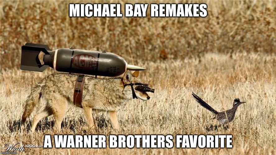 wiley coyote | MICHAEL BAY REMAKES; A WARNER BROTHERS FAVORITE | image tagged in wiley coyote | made w/ Imgflip meme maker
