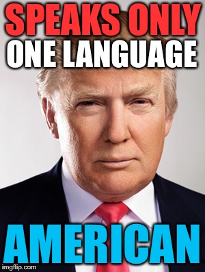 Donald Trump |  SPEAKS ONLY; ONE LANGUAGE; AMERICAN | image tagged in donald trump | made w/ Imgflip meme maker