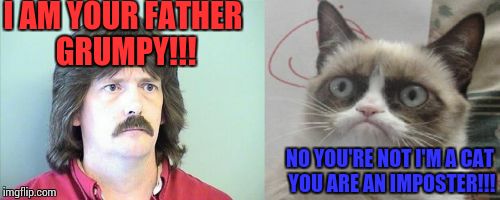 Grumpy Cat's Father | I AM YOUR FATHER GRUMPY!!! NO YOU'RE NOT I'M A CAT YOU ARE AN IMPOSTER!!! | image tagged in memes,grumpy cats father,grumpy cat | made w/ Imgflip meme maker