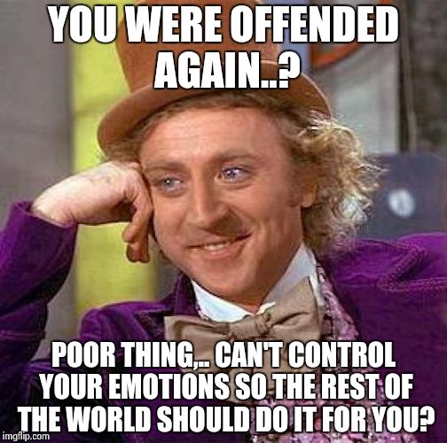 Creepy Condescending Wonka | YOU WERE OFFENDED AGAIN..? POOR THING,.. CAN'T CONTROL YOUR EMOTIONS SO THE REST OF THE WORLD SHOULD DO IT FOR YOU? | image tagged in memes,creepy condescending wonka | made w/ Imgflip meme maker