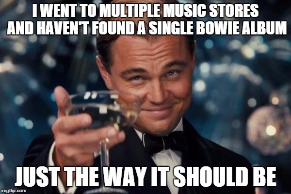 Leonardo Dicaprio Cheers | I WENT TO MULTIPLE MUSIC STORES AND HAVEN'T FOUND A SINGLE BOWIE ALBUM; JUST THE WAY IT SHOULD BE | image tagged in memes,leonardo dicaprio cheers | made w/ Imgflip meme maker