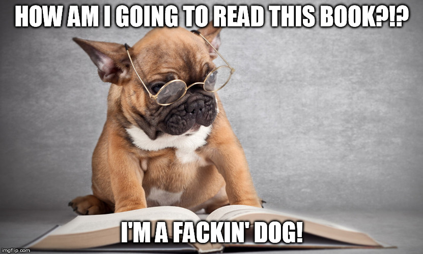 I'm a dog! | HOW AM I GOING TO READ THIS BOOK?!? I'M A FACKIN' DOG! | image tagged in i'm a dog | made w/ Imgflip meme maker