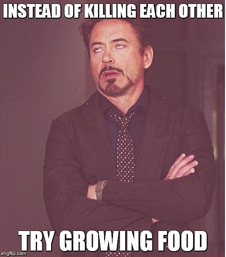 Face You Make Robert Downey Jr Meme | INSTEAD OF KILLING EACH OTHER TRY GROWING FOOD | image tagged in memes,face you make robert downey jr | made w/ Imgflip meme maker