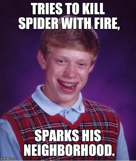 Bad Luck Brian Meme | TRIES TO KILL SPIDER WITH FIRE, SPARKS HIS NEIGHBORHOOD. | image tagged in memes,bad luck brian | made w/ Imgflip meme maker