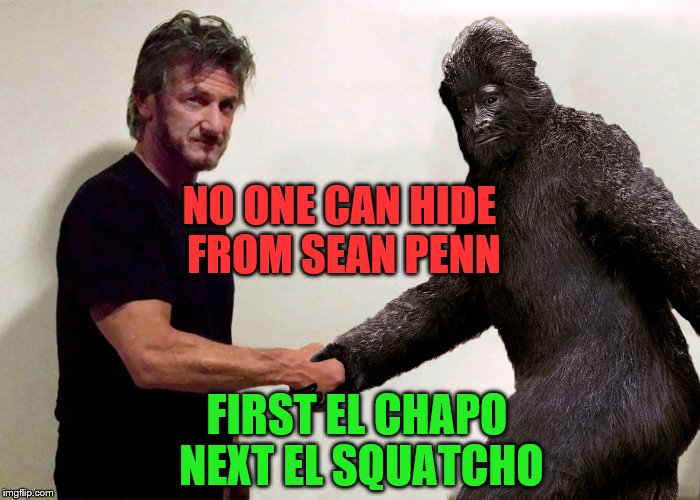 sean pen | NO ONE CAN HIDE FROM SEAN PENN; FIRST EL CHAPO NEXT EL SQUATCHO | image tagged in sean penn | made w/ Imgflip meme maker