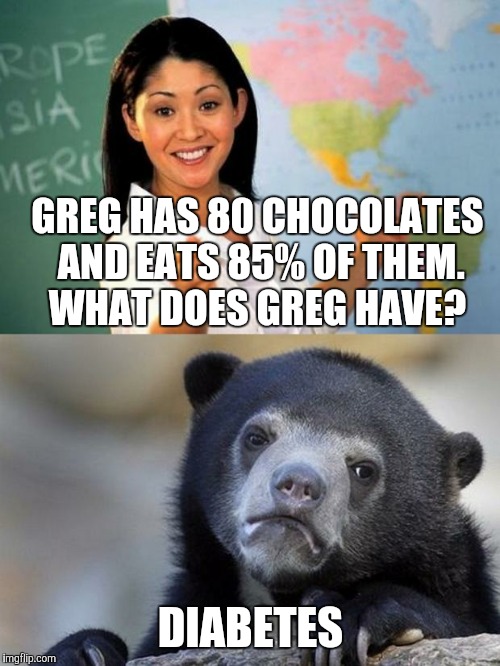 GREG HAS 80 CHOCOLATES AND EATS 85% OF THEM. WHAT DOES GREG HAVE? DIABETES | made w/ Imgflip meme maker