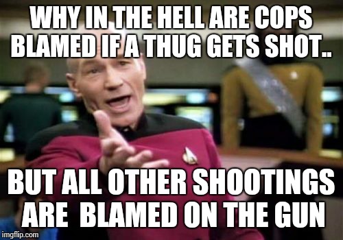 Picard Wtf | WHY IN THE HELL ARE COPS BLAMED IF A THUG GETS SHOT.. BUT ALL OTHER SHOOTINGS ARE  BLAMED ON THE GUN | image tagged in memes,picard wtf | made w/ Imgflip meme maker