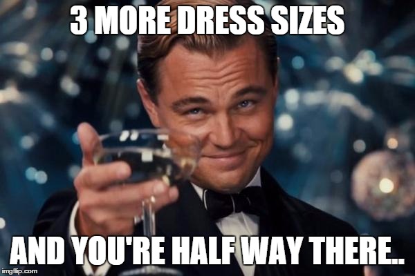 Leonardo Dicaprio Cheers Meme | 3 MORE DRESS SIZES AND YOU'RE HALF WAY THERE.. | image tagged in memes,leonardo dicaprio cheers | made w/ Imgflip meme maker