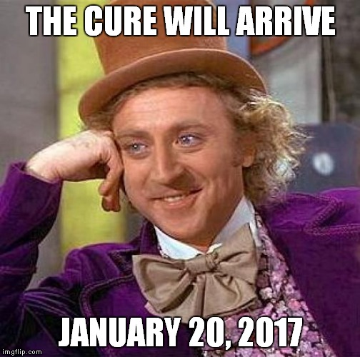Creepy Condescending Wonka Meme | THE CURE WILL ARRIVE JANUARY 20, 2017 | image tagged in memes,creepy condescending wonka | made w/ Imgflip meme maker
