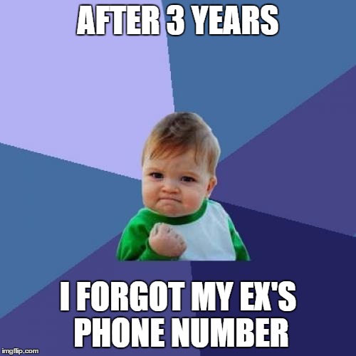 FINALLY!! |  AFTER 3 YEARS; I FORGOT MY EX'S PHONE NUMBER | image tagged in memes,success kid | made w/ Imgflip meme maker
