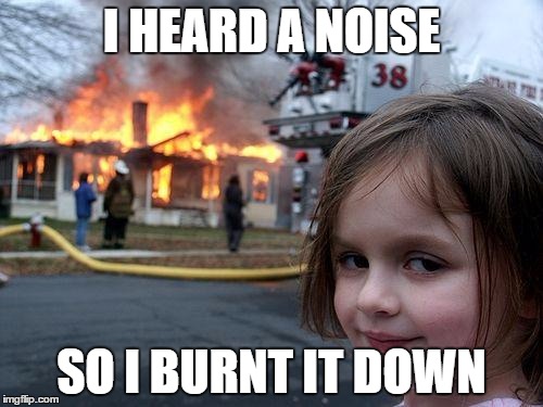 Disaster Girl | I HEARD A NOISE; SO I BURNT IT DOWN | image tagged in memes,disaster girl | made w/ Imgflip meme maker
