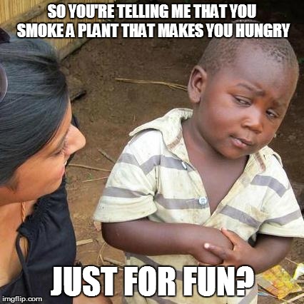 Third World Skeptical Kid | SO YOU'RE TELLING ME THAT YOU SMOKE A PLANT THAT MAKES YOU HUNGRY; JUST FOR FUN? | image tagged in memes,third world skeptical kid | made w/ Imgflip meme maker