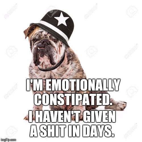 I'M EMOTIONALLY CONSTIPATED. I HAVEN'T GIVEN A SHIT IN DAYS. | image tagged in bulldog | made w/ Imgflip meme maker