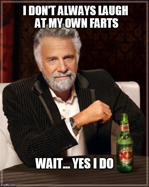 The Most Interesting Man In The World | I DON'T ALWAYS LAUGH AT MY OWN FARTS; WAIT... YES I DO | image tagged in memes,the most interesting man in the world | made w/ Imgflip meme maker