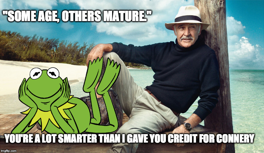 When Love and Hate Collide | "SOME AGE, OTHERS MATURE."; YOU'RE A LOT SMARTER THAN I GAVE YOU CREDIT FOR CONNERY | image tagged in kermit the frog,sean connery | made w/ Imgflip meme maker