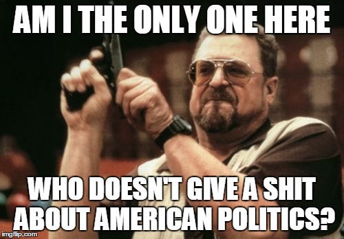 Am I The Only One Around Here | AM I THE ONLY ONE HERE; WHO DOESN'T GIVE A SHIT ABOUT AMERICAN POLITICS? | image tagged in memes,am i the only one around here,AdviceAnimals | made w/ Imgflip meme maker